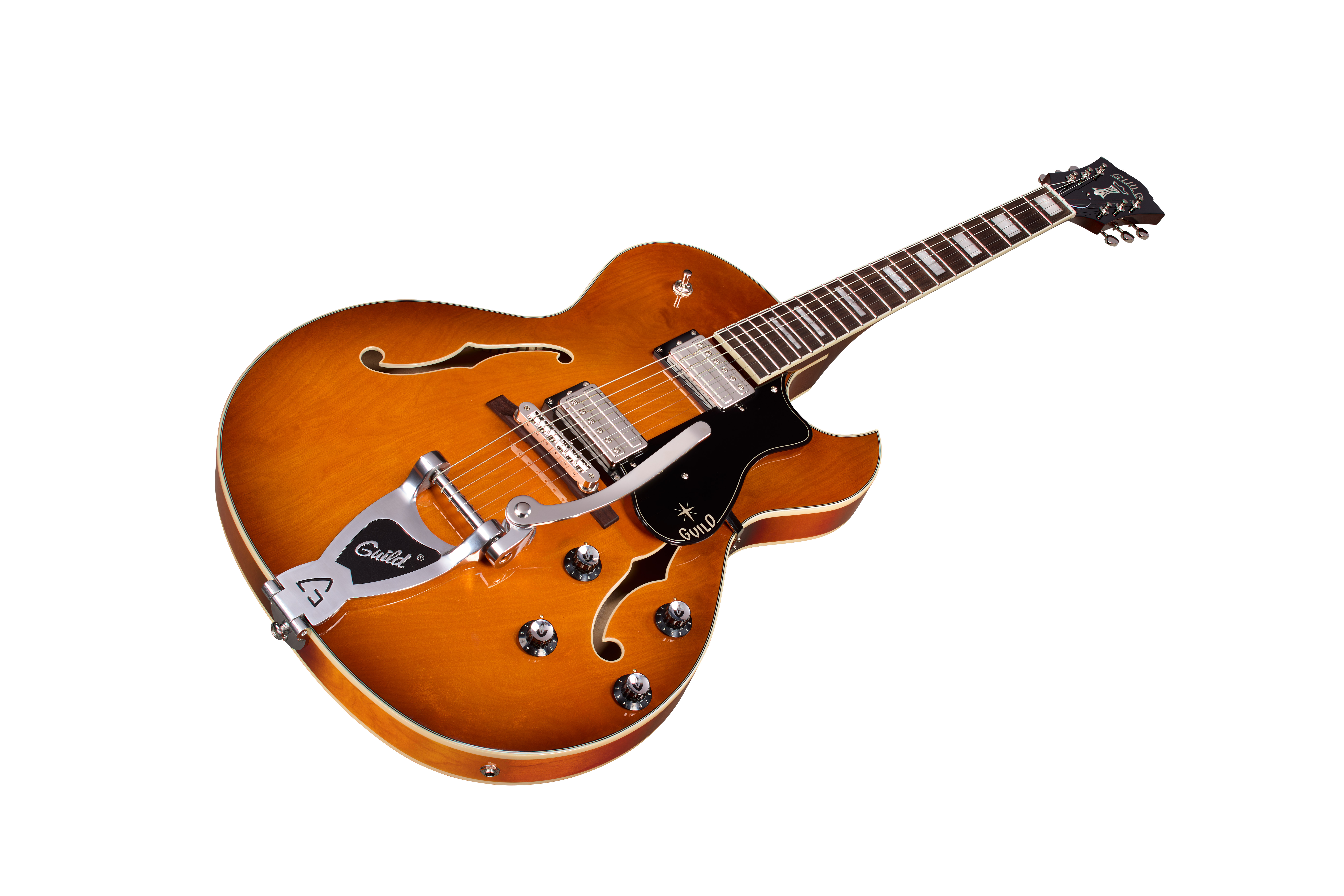 E-Gitarre, Hollowbody, Ahornkorpus, Bernsteinfarben, Doppel-Humbucker